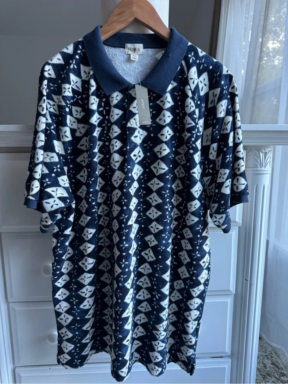 NEW J.Crew Terry Cloth Polo Shirt – Navy Print – XL